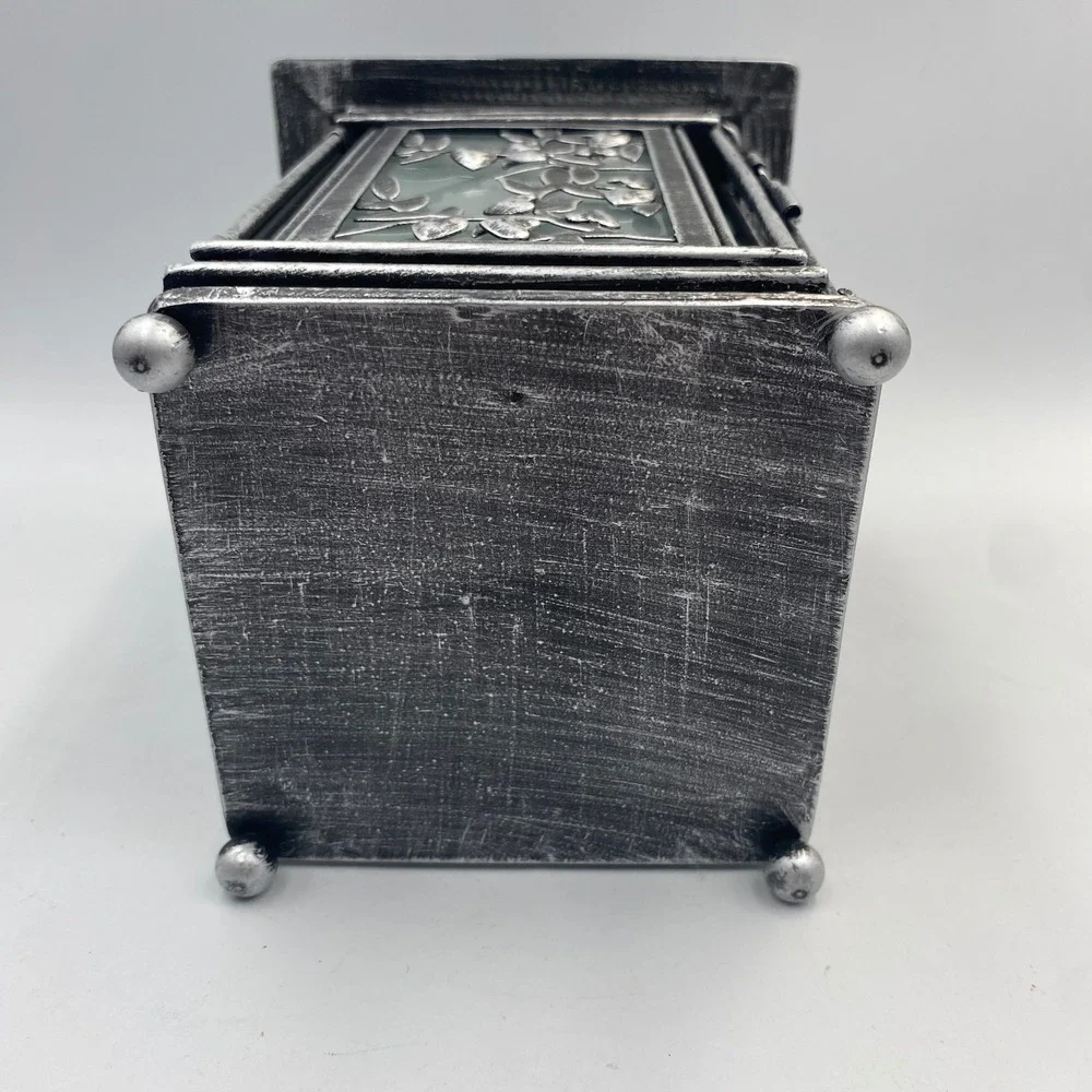 Distressed Silver Metal Leaf Vine Lantern Frosted Glass Candle Holder 7.5 Inch